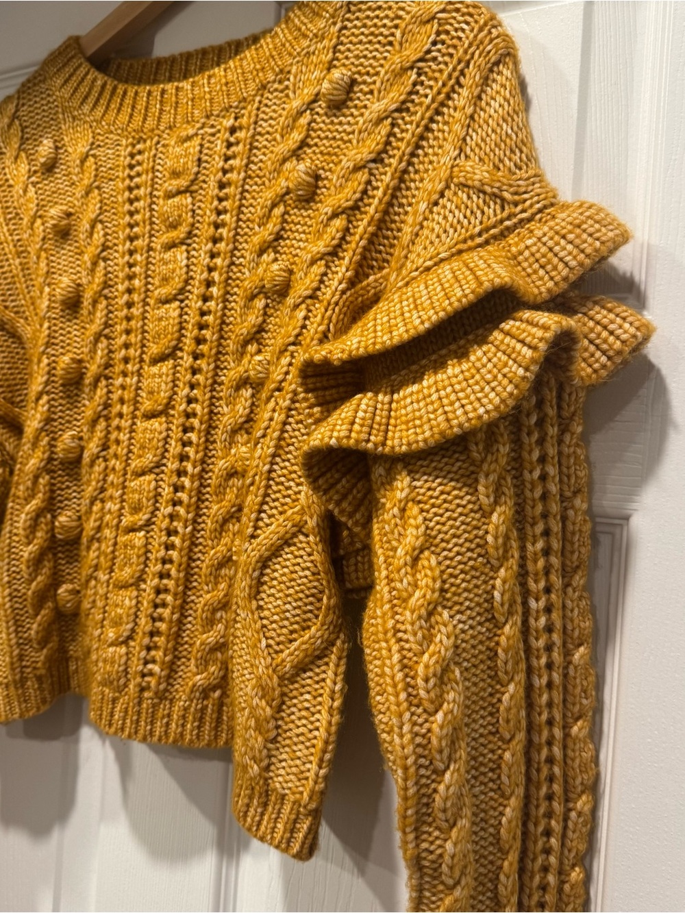 Forever 21 Mustard Yellow Cable-Knit Ruffle Sleeve Sweater